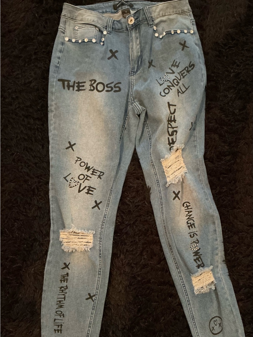 Ashley Stewart Light Blue Distressed Graphic Skinny Jeans